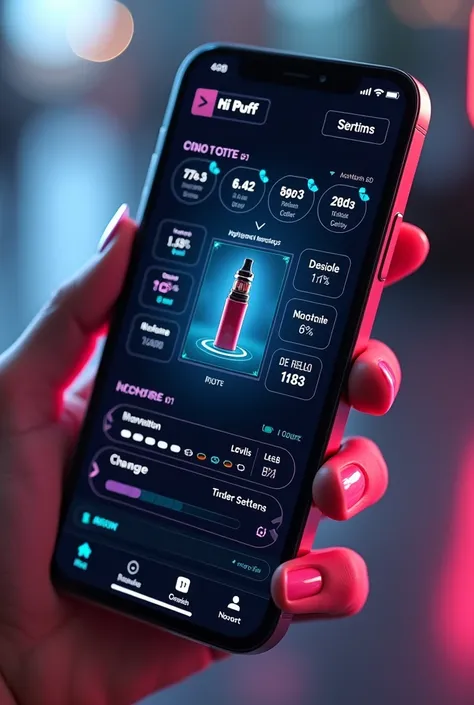 A PHONE SCREEN SHOWING THE "HI-PUFF VAPE SHOP APP" INTERFACE WITH FEATURES LIKE ADJUSTING NICOTINE LEVELS, CHANGING LED COLORS AND CHECKING BATTERY LIFE