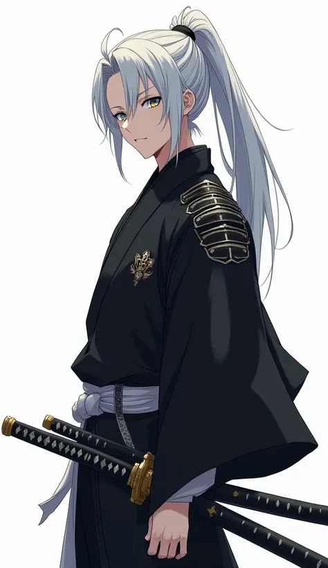 Anime male. White hair pony tail. Samurai. Black samurai dress. Blue and yellow eyes. 2 swords. White background. Ref sheet full picture.