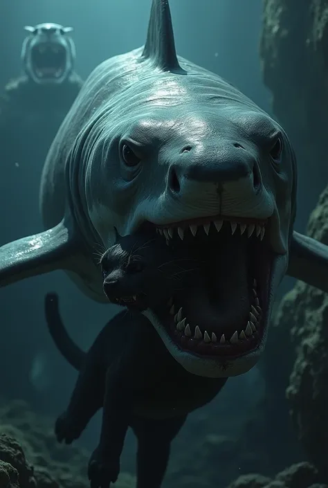 Pumped-up shark with a dead black panther in its mouth