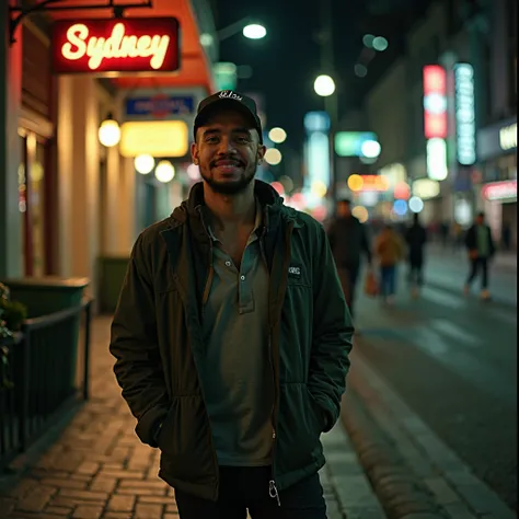 8k, a man walking casually on sidewalk nostalgic photo, snapchat photo, amateur iphone photography, filter 2010s. noise, grainy, film look, intricate highly detailed background, sydney street, nighttime, buzzcut hairstyle, curly hair type, jacket, baseball...