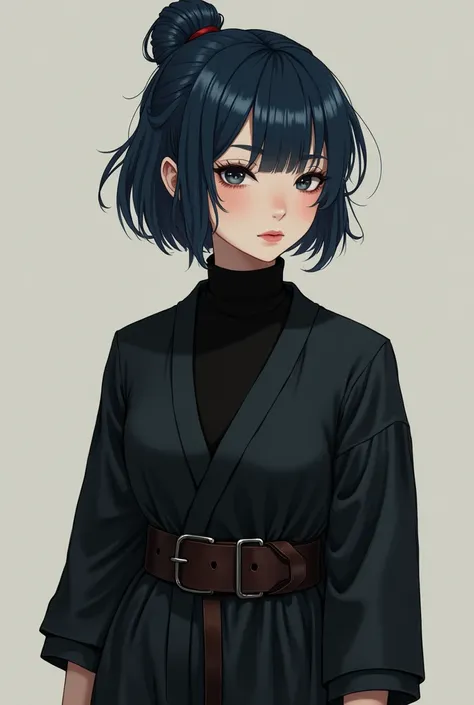 she has a figure of a 2 beautiful woman, she has very short dark blue hair which is styled into a flat Yakai-Maki bun fastened with a thin red ribbon and she has no back hair, her bangs are an uneven and unruly bangs above her eyes, puffing out before curv...