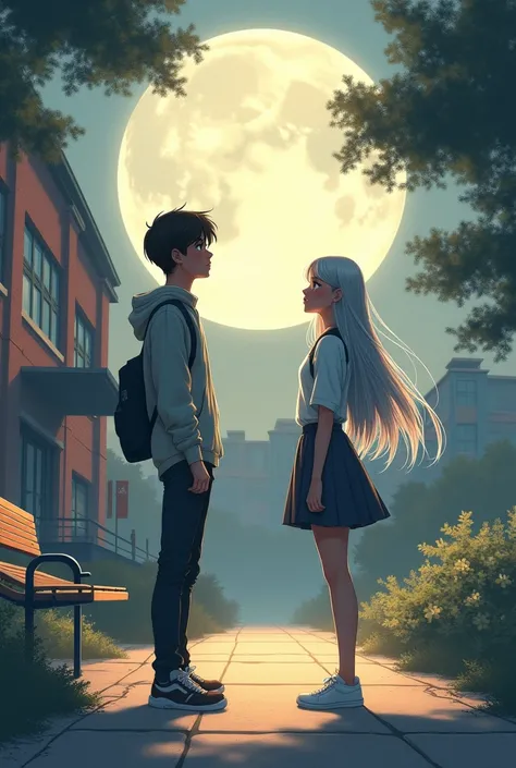 a 2d sketch of a boy looking at the moon in the morning while a girl is beside her with silver hair and they are both (20yrs old plus) and are students (make it in a school place)(more detailed with school stuff)(make the girl taller)