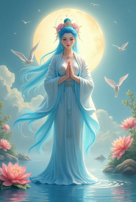 (masterpiece,Highest quality,,8k,High resolution),One female,,Beautiful Face,Beautiful Face,Beautiful eyes,Beautiful lips,Compassionate Mother Kannon,blue Hair,,Wave,,Standing on the surface of the water,,flower,bird,,moon,,jewelry,Holding,Long sleeve,Veil...