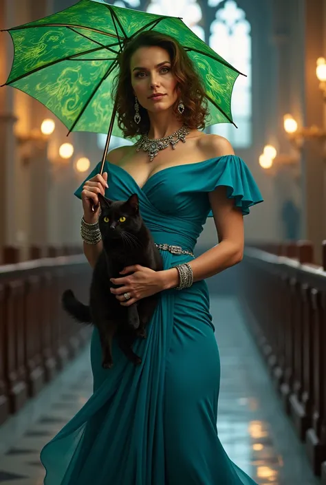 Woman middle age wizard in church blue sexy dress holding black cat, expensive jewellery brown bunny hairs, green flame umbrella in other hand