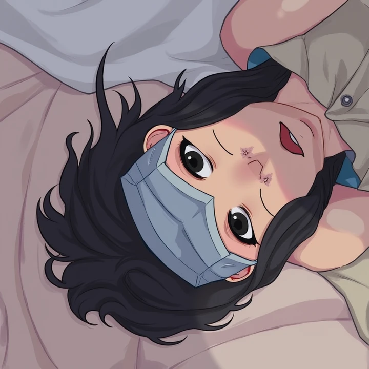 chest, Black hair, High resolution, 1 girl, drunk, shy, 
Face mask, Long hair, Black eyes, hit, Rape, On the bed, 