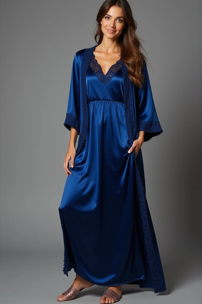 Make a picture of

a soft silk nightgown in a rich, deep shade of sapphire blue, accompanied by a matching silky robe with delicate lace details, and a pair of elegant silk slippers with a subtle pattern