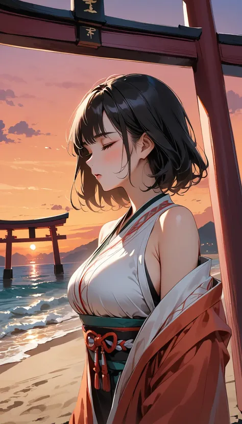 In front of the torii gate on the beach in the evening、A Japanese-style shrine maiden with a large bust is exposing her shoulders and feeling the wind.、Asleep。In her background is a beautiful purple and orange sky.。This scene has a relaxed, lofi vibe.