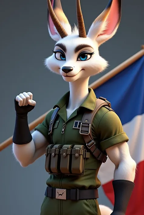 Male white fur gazelle in camouflage military fatigues and combat gear with bulletproof vest holding a French flag looking athletic raising his fist in portrait , lair sympathique, type zootopia yeux bleu petites oreilles ,with gazelle horns