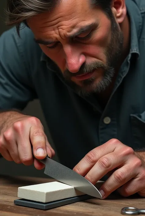 gambar hyperrealistic, A man is SHARPENING A KNIFE USING A WHITESTONE