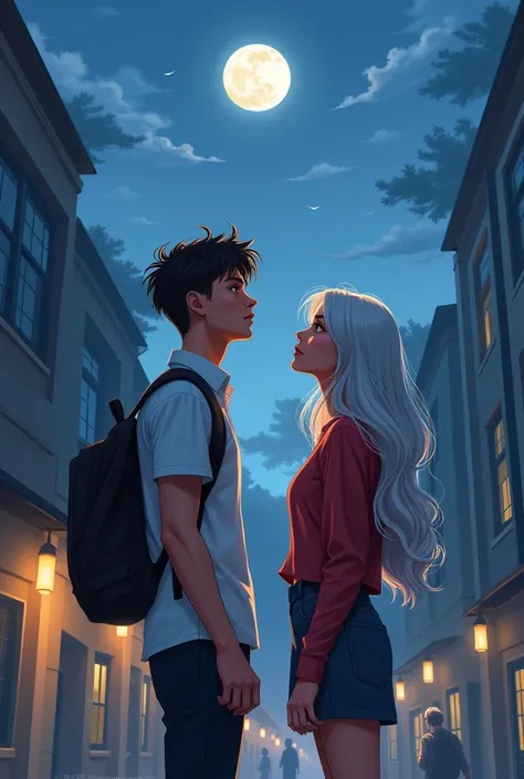 a 2d sketch of a boy looking at the moon in the morning while a girl is beside her with silver hair and they are both (20yrs old plus) and are students (make it in a school place)(more detailed with school stuff)(make the girl taller)(make it more 2d)(they...