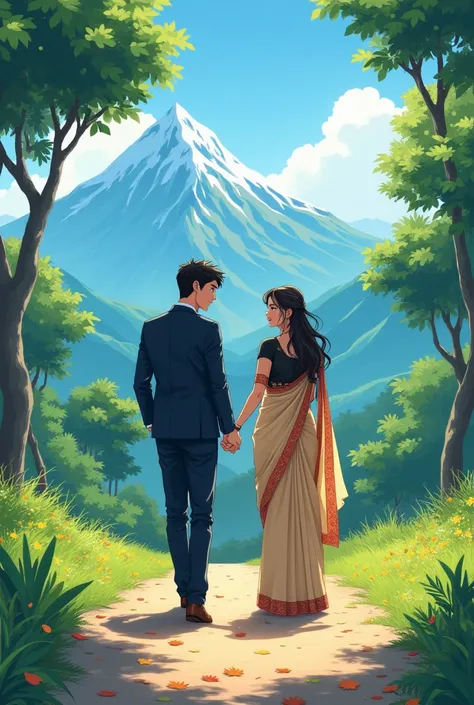 Create a front view colorful anime image where a male and a female are present. The male is dressed in formal attire, while the female is wearing a beige saree with a black blouse. They are holding hands and walking together. The scene features a mountain ...