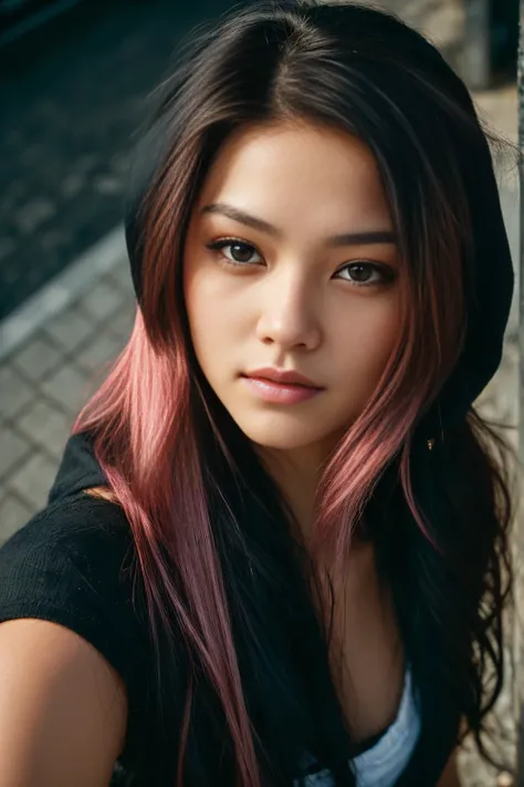 arafed woman with pink hair sitting on the beach, flowing pink hair, with black hair, photo of a beautiful woman, long flowing black hair, black golden hour, curly black hair, beautiful young asian woman, beautiful asian woman, wild ginger hair, pink wispy...