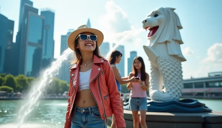 Photo of Thai people,  girl wearing sunglasses, a teenage hat, dressed like rockstar Lisa, taking a photo with the Merlion in Singapore with her parents.
