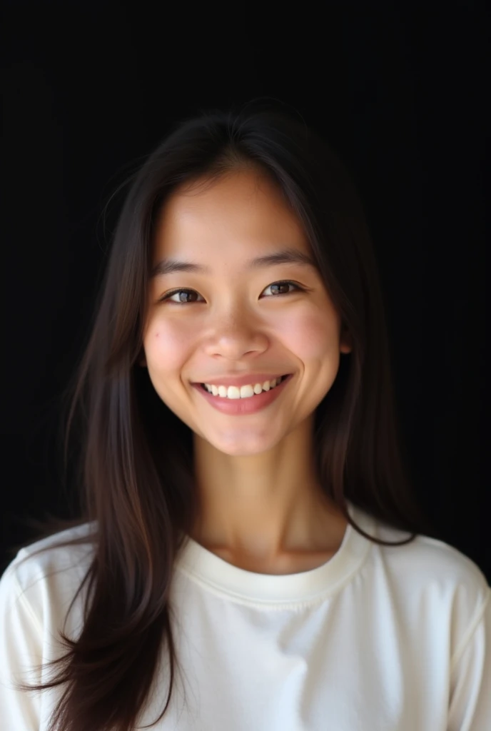 Generate ai image of a 20 year old Filipina lady with round face, chubby cheeks, with sleepy eyes, brown eyes, thin eyebrows, have double eyelids, have two deep small dimples beside the lips, thick lips, hair slightly cover the forehead, long dark freezzy ...