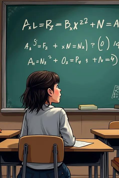 A girl sitting on a desk at school looking at a math equation on the board, graphic image  for comic strip