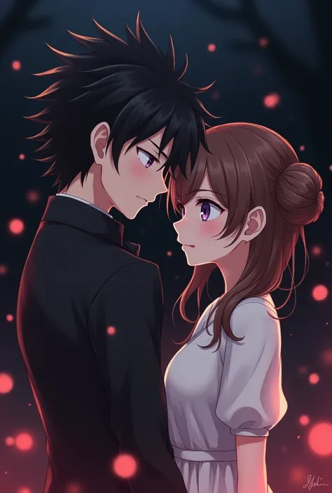 Anime boy ((( Spiky hair , black hair , black outfit , red eyes , narrowed eye , handsome ))) , anime girl , purple eyes , brown hair , tied single bun hair style , white frock )) , matured , good quality , masterpiece , romantic , dark background