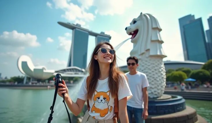 Photo of a  Thai girl wearing sunglasses and a cat-sleeping shirt, taking a photo with the Merlion in Singapore with her parents.
