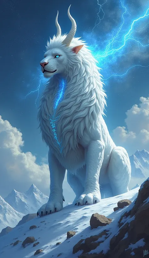 "A celestial being of immense power stands atop a mountain peak, its form towering over the clouds that swirl around it. This majestic creature, part dragon, part lion, radiates an ethereal glow that reflects off the snow-covered ground beneath its feet. I...