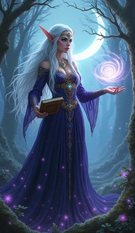 "A captivating, otherworldly portrait of a high elven enchantress, her long, silvery hair flowing like liquid starlight around her. Her intense, ice-blue eyes burn with ancient, forbidden magic, while glowing runes spiral across her face and arms, shifting...