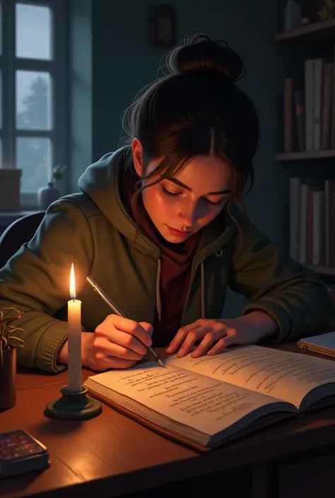 A person quietly writing in a journal by candlelight, with motivational quotes and small drawings scattered on the pages, symbolizing self-discipline in the pursuit of inspiration.