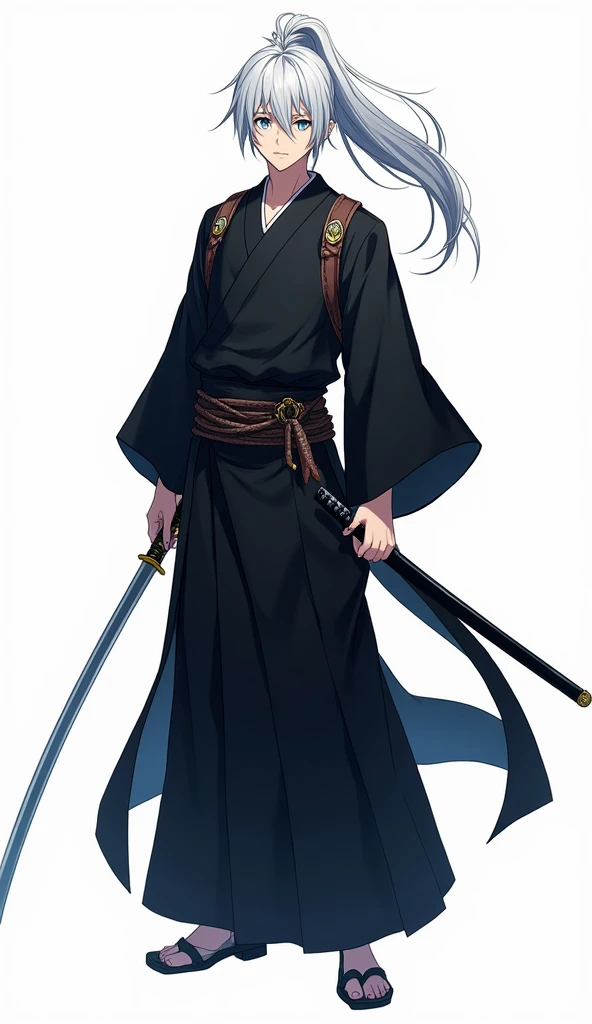 Anime male. White hair pony tail. Samurai. Black samurai dress. Blue and yellow eyes. 2 swords. Black shoe. White background. 2d picture. Ref sheet full picture.