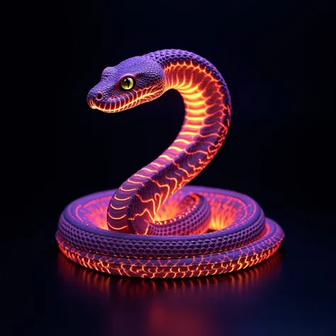 Cobra as a fusion of organic life and radiant bio-luminescence. Imagine glowing veins of orangeinterlaced with pulsating purple energy, creating a surreal anatomical study