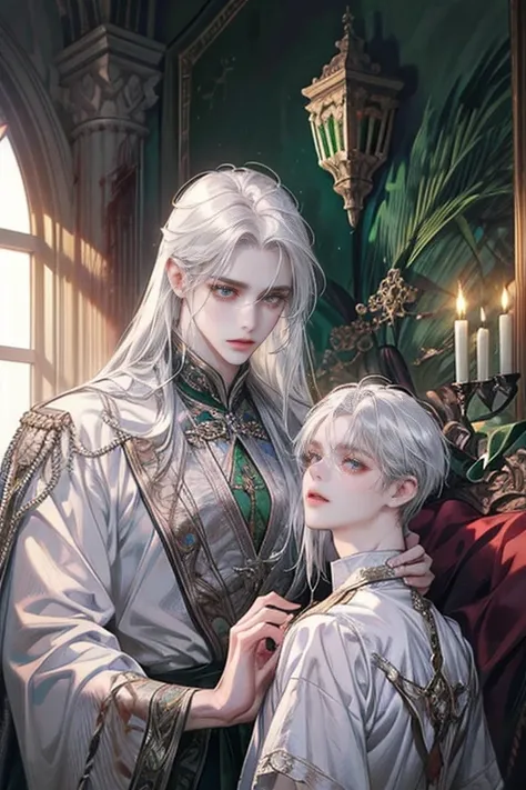 (Masterpiece), (Best Quality), Very detailed, (( two man )), Perfect Face, Beautiful Face, Very detail, (long white-haired man with silver eyes), (short dark-haired man with emerald eyes)、stunning, blood stained, sad Expression, white garments, cold shadow...