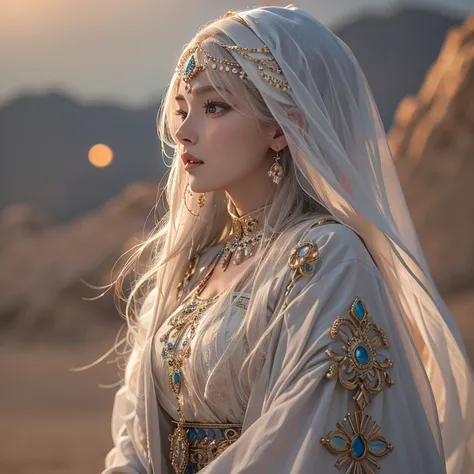 (Best Quality、masterpiece、8k、Best image quality、Ultra-high resolution、Award-winning works)、A beautiful white-haired woman watches over us from afar in the desert............., Where the moonlight shines.、Ancient Islamic clothing、Beautifully detailed faces