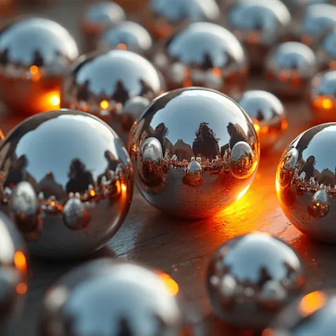 Many steel balls, some are smooth and reflective, other balls glow with heat, you can see the reflections of women in the silver balls