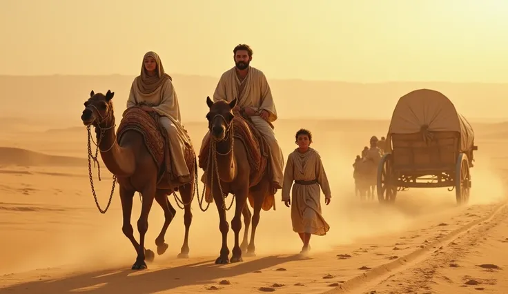 Young Abraham, Sarah, and Lot journey with their caravan in the desert  