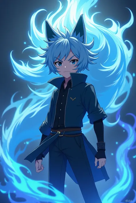 Half fox anime boy floating with blue flame power hair made of blue fire with a serious expression and full body photo