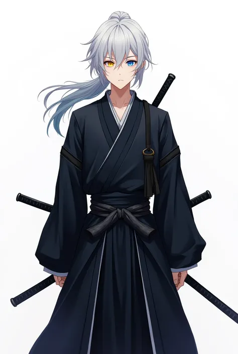 Anime male. White hair pony tail. Samurai. Black samurai dress. Blue and yellow eyes. 2 swords. Black shoe. White background. 2d picture. Ref sheet full picture.