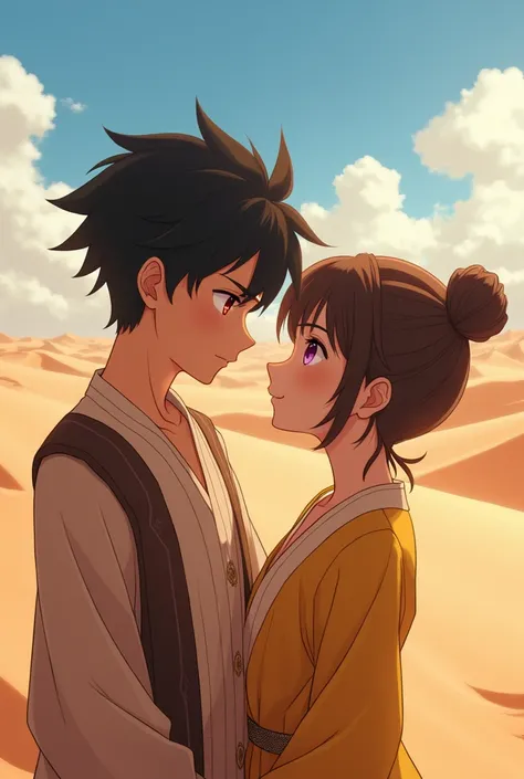 Anime boy ((( Spiky hair , black hair , black toba , red eyes , narrowed eye , handsome , arab ))) , anime girl , purple eyes , brown hair , tied single bun hair style , yellow outfit , arab ))) , matured , good quality , masterpiece , romantic , desert ba...