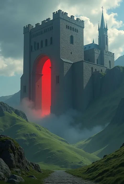 a massive medieval castle with a large glowing red portal on the left side, rolling green hills and cloudy sky in the background, highly detailed, photorealistic, 8k, award winning painting, dramatic lighting, cinematic composition