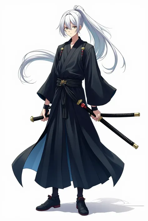 Anime male. White hair pony tail. Samurai. Black samurai dress. Blue and yellow eyes. 2 swords. Black shoe. White background. 2d picture. Ref sheet full picture.