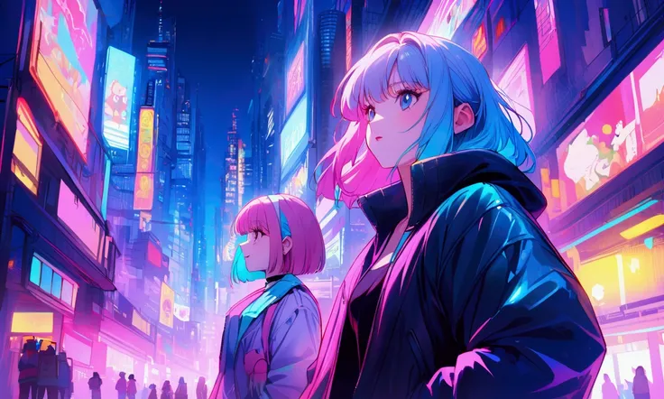 Pink and blue hair girl, soda, Inspired by 90s anime, Cyberpunk City, praise, colorful, Stray cat and woman, Pink Hair, Blue Hair