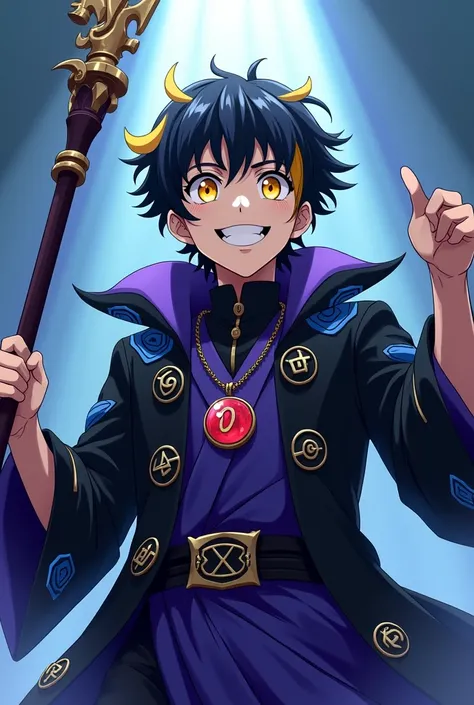 Anime style design of a strong young man, with short black hair and a yellow lock, with bright amber eyes, a sinister smile and with his wizard hat, with the power to manipulate magic and sorcery, who wears a black sorcerer outfit with mostly dark purple, ...