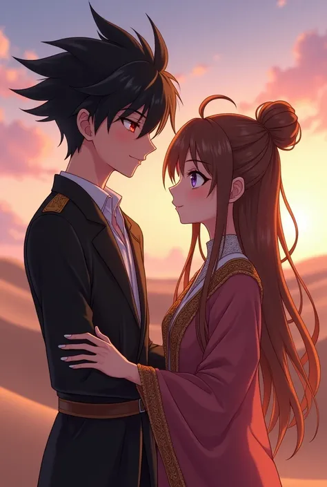 Anime boy ((( Spiky hair , black hair , black toba , red eyes , narrowed eye , handsome , arab ))) , anime girl , purple eyes , brown hair , tied single bun hair style , yellow outfit , arab ))) , arab style ,  matured , good quality , masterpiece , romant...