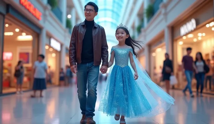 Photo of a  Thai girl wearing a Frozen costume walking in a shopping mall with her father.

