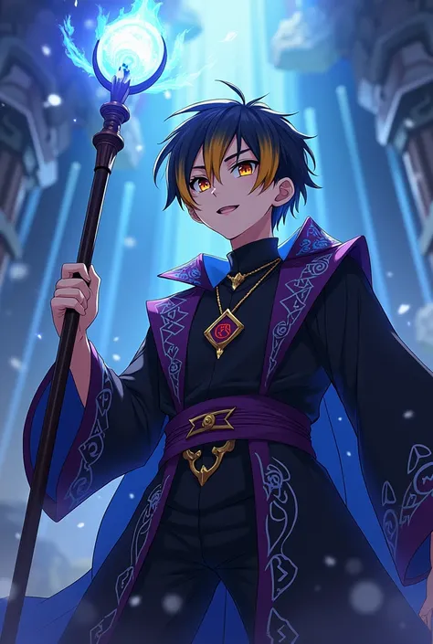 Anime style design of a strong young man, with short black hair and a yellow lock, with bright amber eyes, a sinister smile and with his wizard hat, with the power to manipulate magic and sorcery, who wears a black sorcerer outfit with mostly dark purple, ...