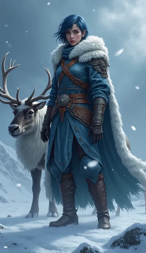 Glacier Trader
A female figure in a glacier landscape, ready to fight in the cold weather. Her short-cropped dark blue hair is protected by a thick coat of fur. Her face has a determined and courageous expression, her eyes lost in the frozen ground. Her ar...