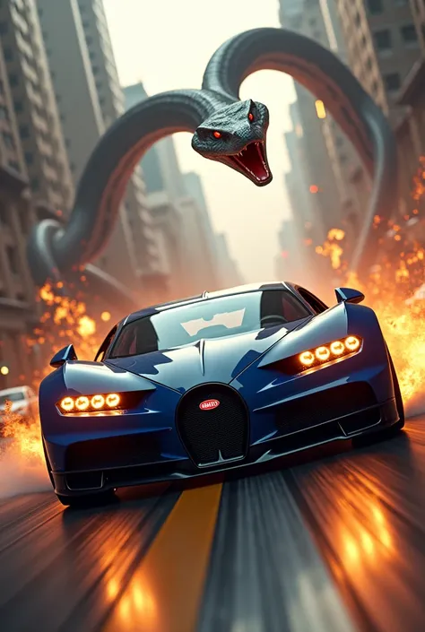  Bugatti  car running very fast though Mohakhali ,big size wheels, unique head light,many anaconda   on the sky and spreading fire from mouth 