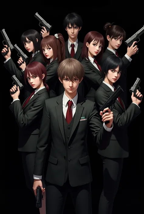 6 girls 5 boys holding guns and knife wearing mafia uniform black background 

 