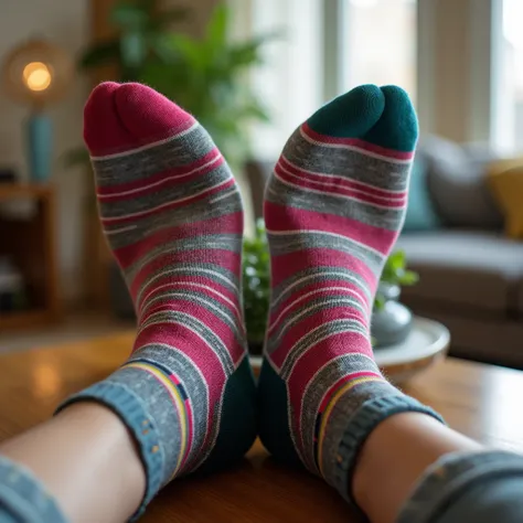 Feet on the table showing the soles of socks