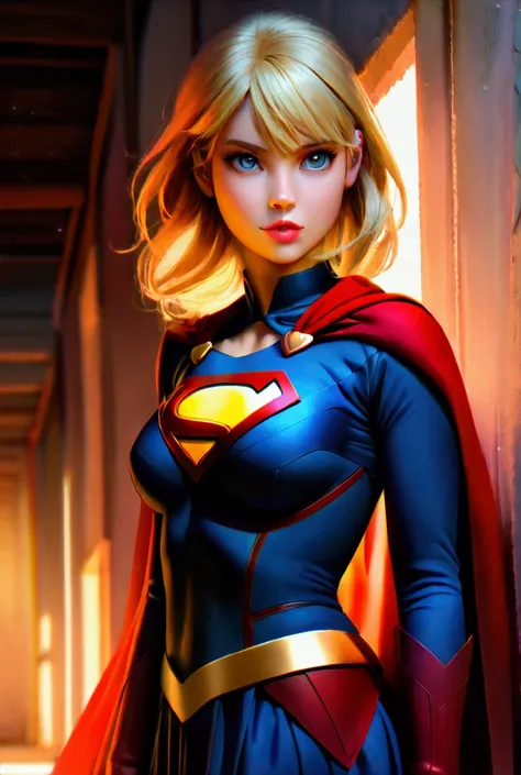 1girl,supergirl,long wide cape,blonde hair,leaning against wall,alluring expression,inspired by steve ditko and anime,8k,high resolution,highly detailed,photorealistic,cinematic lighting,chiaroscuro,moody atmosphere,dynamic pose,beautiful detailed eyes,bea...