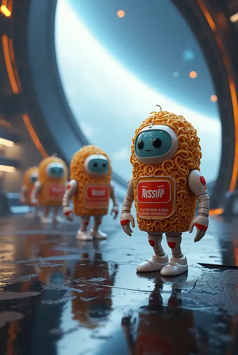 Cup noodles have hands and feet,Add the Nissin Cup Noodle logo,Cool,Transform,High resolution, Very detailed,Space Station ,Cinematography, 