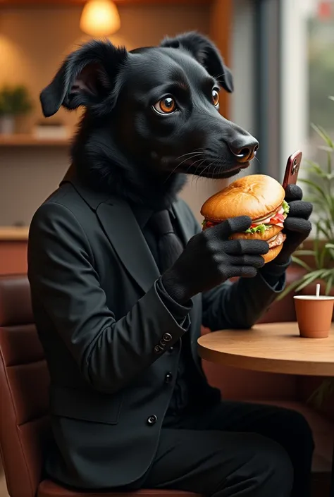 Black indian dog in black trouser and he eat sandwich in the Starbucks and in his hand is i phone