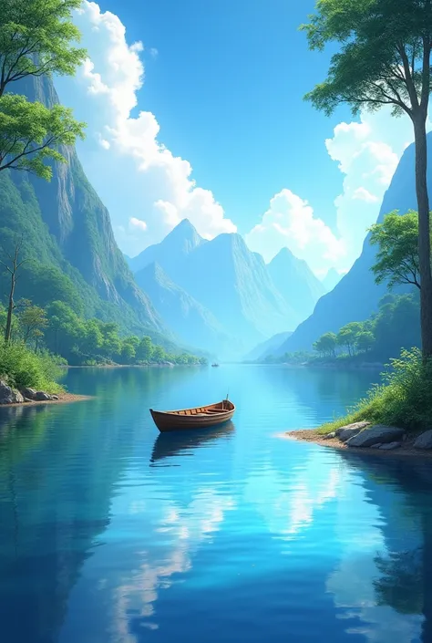 Describe a peaceful, serene scene by a lake, where a wooden boat floats gently on the calm waters. The surface of the water reflects the clear blue sky and the lush green vegetation around it.. On the shore of the lake, tall trees with lush leaves frame th...