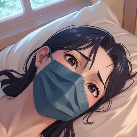 chest, Black hair, High resolution, 1 girl, drunk, shy, 
Face mask, Long hair, Black eyes, hit, Rape, On the bed, 