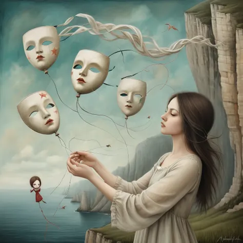 oil and acrylic painting. In the style of Gabriel Pacheco, nicoletta ceccoli. woman energetically holding a thread to which are attached several theatrical masks floating in the sky and trying to prevent the wind from ripping the thread out of her hands. ....